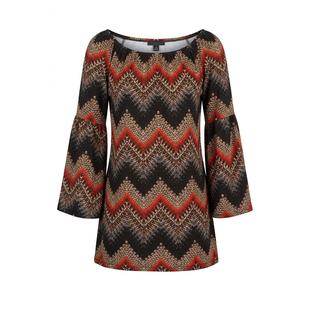 WinWin Bell Sleeve Tunic Top Orange Black Chevron Zigzag Print Size S-M